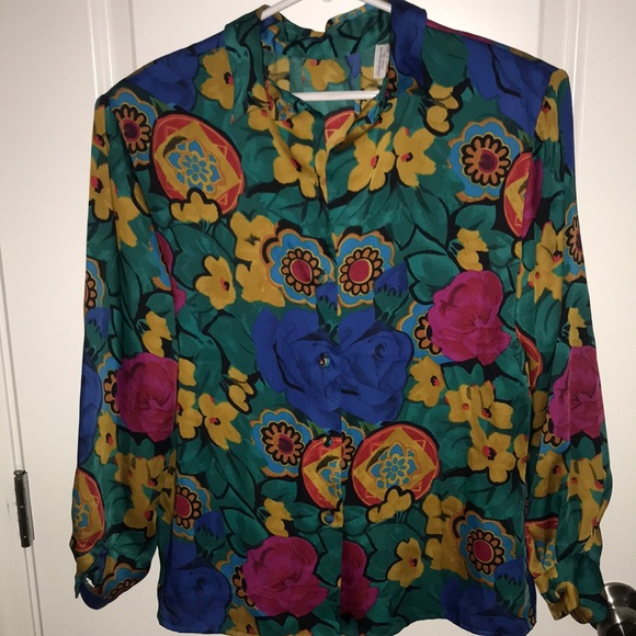 Vintage Tops - Vintage bright floral print vibrant too long sleeve button up